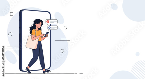 Woman walking out of smartphone screen, using mobile phone, notifications