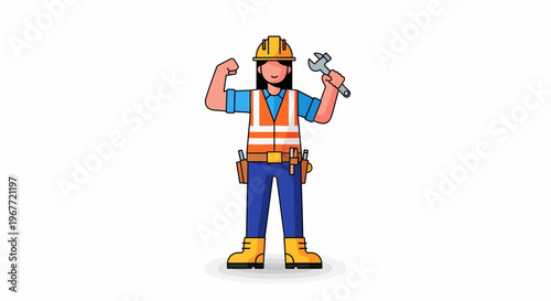 Female construction worker flexing muscles while holding a wrench, strong woman in industry