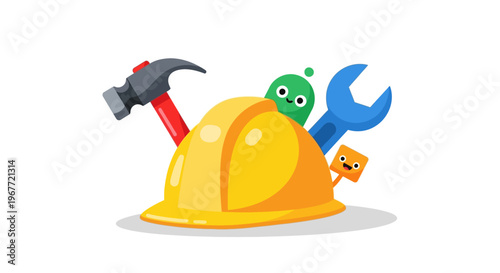 Innovative Solutions Essential Tools, Safety Hat, and Playful Digital Helpers for Creative Project Development