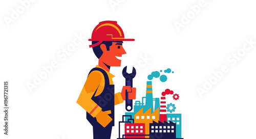 Skilled industrial professional in a safety helmet holding a wrench, symbolizing robust factory operations and maintenance