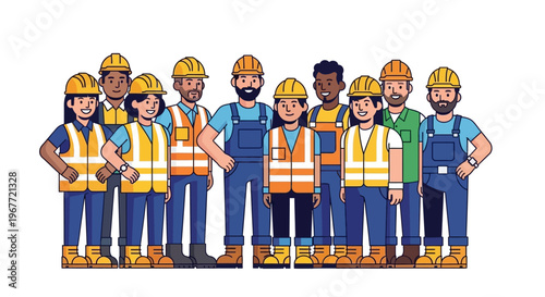Diverse and united group of construction workers in hard hats and safety vests, showcasing teamwork and a strong, skilled workforce