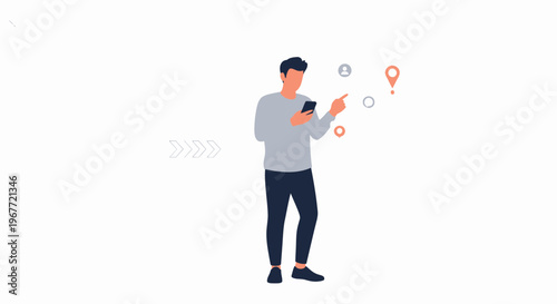 Man using smartphone for navigation with location pins and user icons