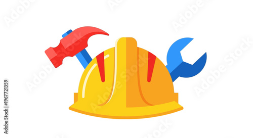 Vibrant graphic icon featuring a yellow hard hat, red hammer, and blue wrench, symbolizing essential tools for construction, repair, and professional maintenance work