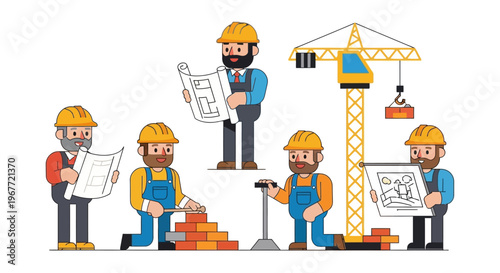 A diverse group of skilled construction workers collaboratively building, planning, and overseeing an industrial development project with a large crane on a clean white background
