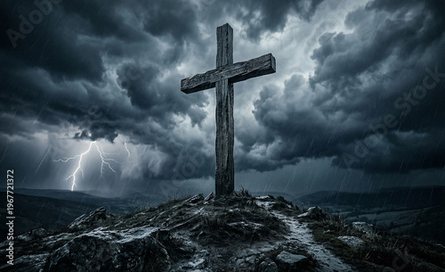 Dramatic Christian Cross on Rocky Hill under Stormy Skies with Lightning and Rain