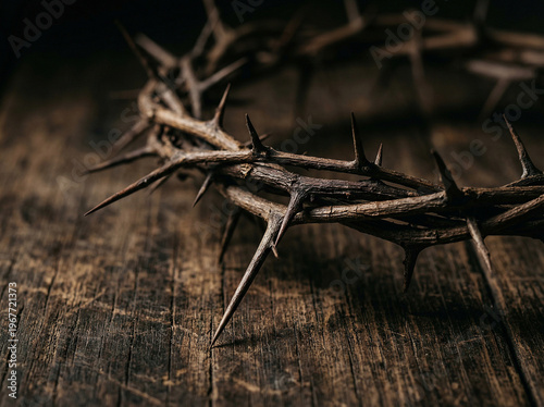 Symbolic Crown of Thorns on Rustic Wooden Surface Representing the Passion of Christ