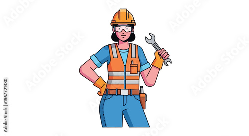 Confident and Skilled Female Construction Worker in Protective Gear Holding a Wrench, Ready for Industrial Tasks