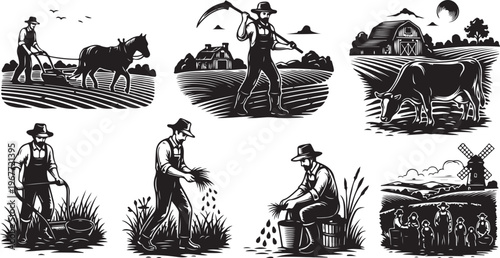 Vintage farm illustrations with people and animals working together