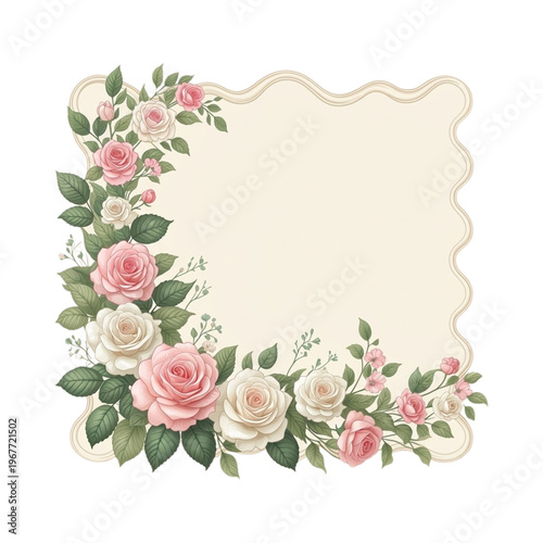 Elegant Pink and White Rose Frame on Cream Background.