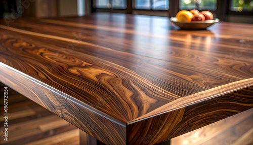Close-up of Luxury Walnut Wood Table Surface with Natural Grain and Fruit Bowl in Background