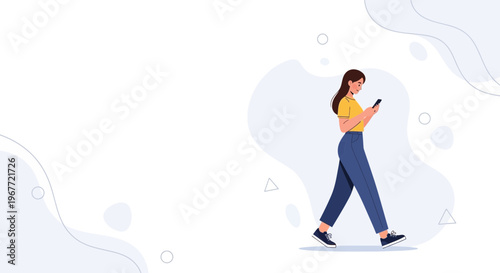 Woman Walking While Using Smartphone, Modern Flat Illustration, Lifestyle Concept