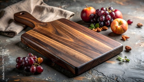 Rustic Walnut Wood Cutting Board with Fresh Grapes and Apples on Dark Table Background