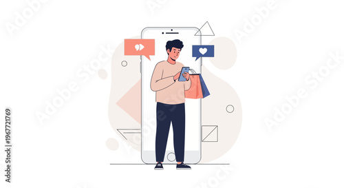 Man Shopping Online via Smartphone, Social Media Interaction, Modern Lifestyle