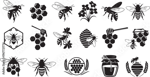 Black and white bee icons and honeycombs illustrations set