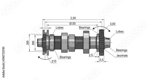 Industrial Camshaft Component with Bearings and Lobes - Technical Illustration