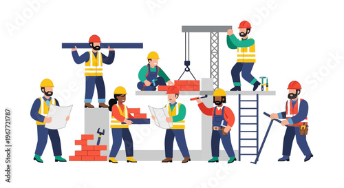 Construction workers collaborating on a building project, following blueprints and wearing safety gear