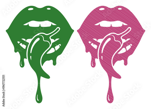 Two pairs of lips licking hot chili peppers, symbolizing spicy flavor and sensation.