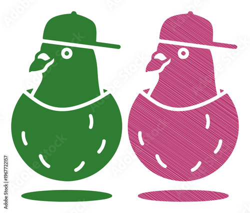 Cool cartoon pigeons wearing baseball caps emerge from colorful eggs, a fun and quirky illustration.
