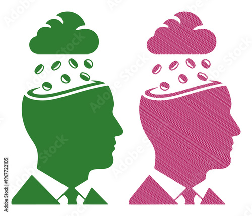 Two stylized heads with clouds raining coins, symbolizing financial ideas and wealth generation.