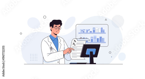 Doctor reviewing prescription and medical data on computer screen
