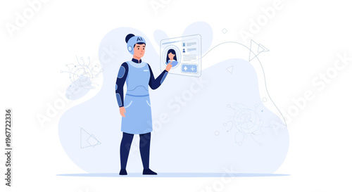 AI robot holding a digital profile with user photo, representing technology and artificial intelligence