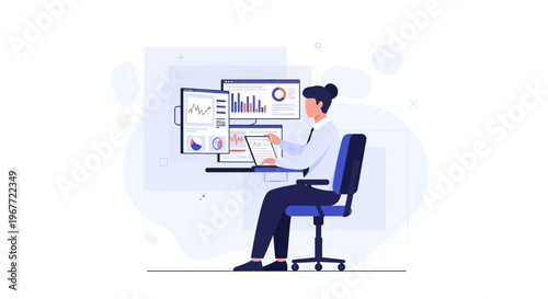 Analyst Working with Multiple Monitors Showing Financial Data and Charts