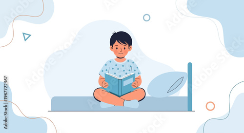 Boy reading book on bed, illustration, childhood, education, imagination, bedtime story