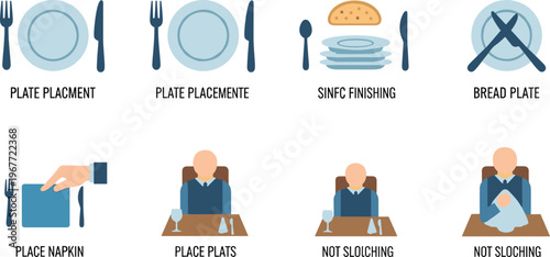 Dining Etiquette and Table Setting Illustration Set with Plate Placement, Napkin Use, Sitting Posture and Restaurant Manners Flat Vector Collection