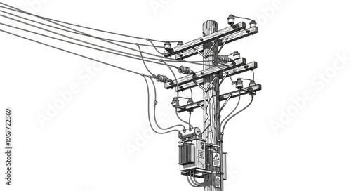 Detailed illustration of a utility pole with wires and equipment.