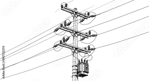 Detailed Sketch of a Utility Pole with Power Lines.