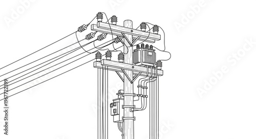 Detailed Line Art of a Utility Pole with Power Lines.