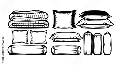 Hand-Drawn Bedding Set - Pillows, Bolsters, and Folded Blanket.