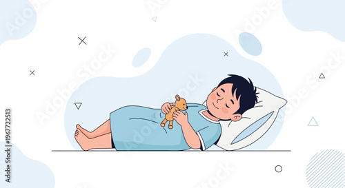 Child sleeping with teddy bear in hospital bed, illustration
