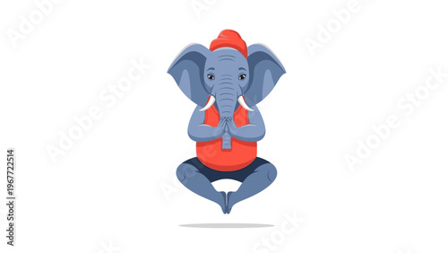 A blue cartoon elephant with an orange vest and hat sits cross-legged in a meditative pose against a clean white background.