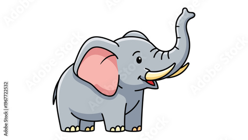 A cartoon illustration of a smiling elephant with a raised trunk against a clean white background.
