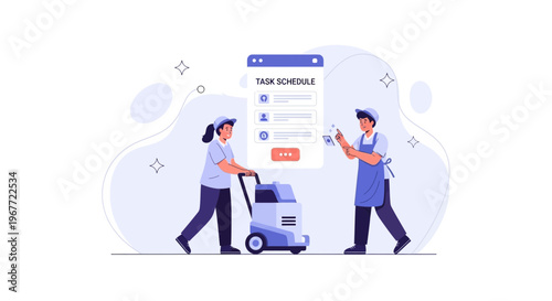 Cleaning team managing tasks on a digital schedule app for efficient service delivery.