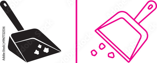 Vector icon set featuring a solid black dustpan with crumbs and a pink line art version at an angle with scattered debris. Minimalist and clean graphic design for cleaning and hygiene concepts.