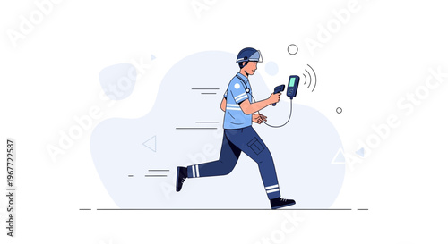 Delivery Man Running with Scanner Device, Fast Logistics and Delivery Service Concept