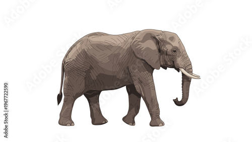 Low-poly illustration of a brown elephant walking on a white background with a geometric texture and natural earthy tones.