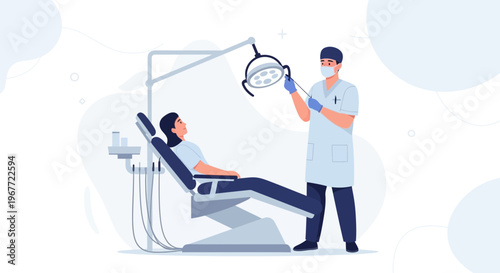 Dentist Adjusting Light Over Patient in Dental Chair - Modern Dental Care Illustration