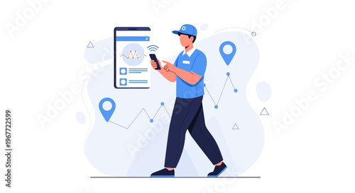 Delivery man using smartphone with tracking app, navigation pins and graph
