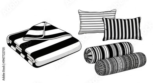 Striped Bedding Set - Blanket, Pillows, and Bolsters in Black and White.