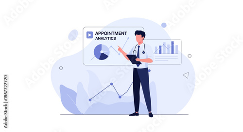Doctor analyzing appointment data with charts and graphs, healthcare analytics concept