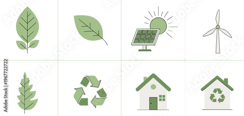 Eco Friendly and Renewable Energy Icon Set with Leaves, Solar Panel, Wind Turbine, Recycling and Green Home Elements Flat Vector Collection