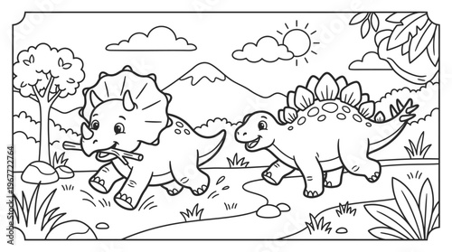 Two friendly triceratops dinosaurs walking.