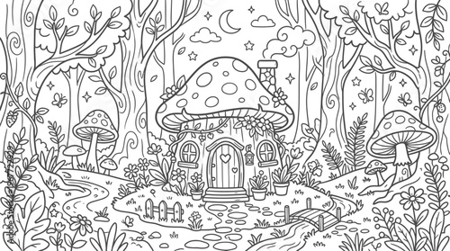 Whimsical Mushroom House nestled in an Enchanted Forest at Night, detailed line art illustration for coloring book, fairytale landscape with starry sky, path, and blooming flowers