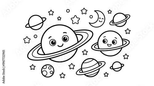 Smiling Cartoon Planets in Space.