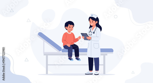 Doctor consulting child patient on examination table, medical checkup illustration