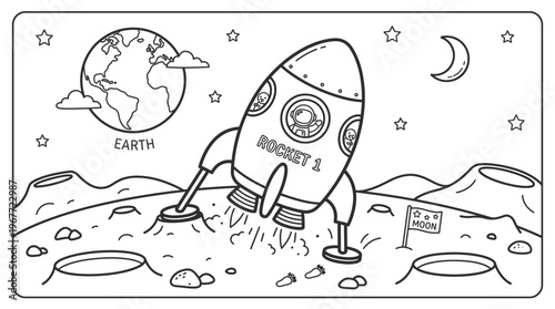 Rocket Ship Blasting Off Space.