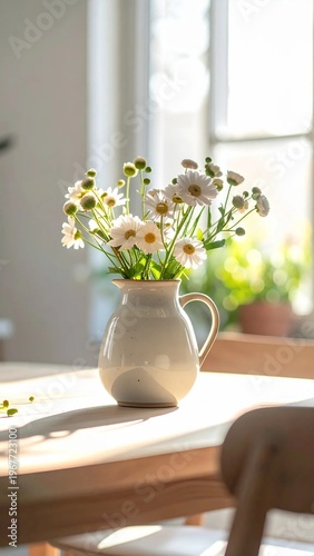 Vase of Fresh Flowers Bathed in Sunlight on a Wooden Table.